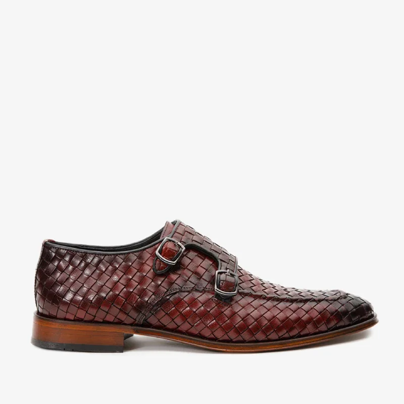 The Turan Burgundy Woven Double Monk Strap Dress Men  Shoe